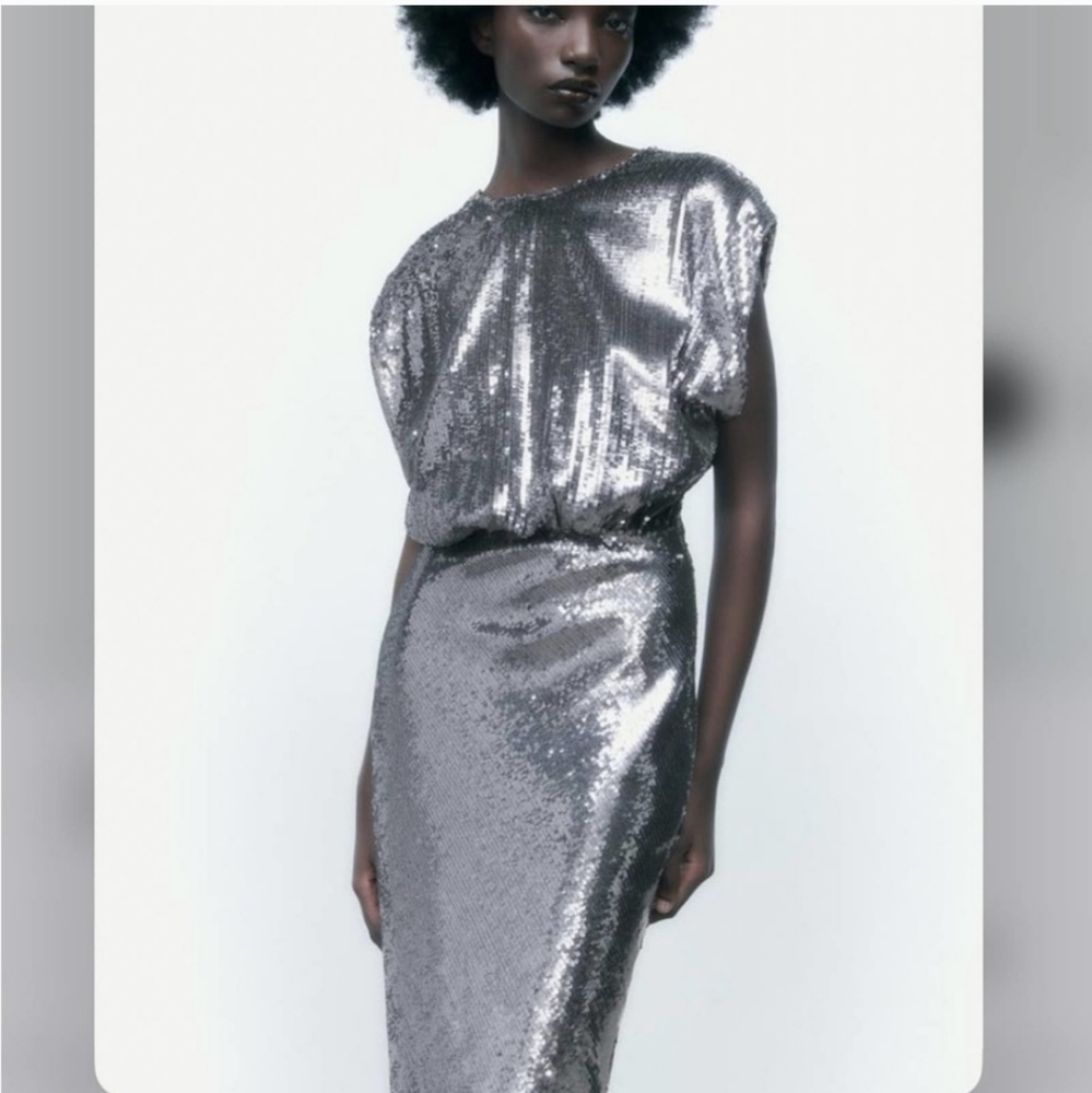 Zara SEQUIN SILVER LONG DRESS GOWN Size S - Picture 14 of 16